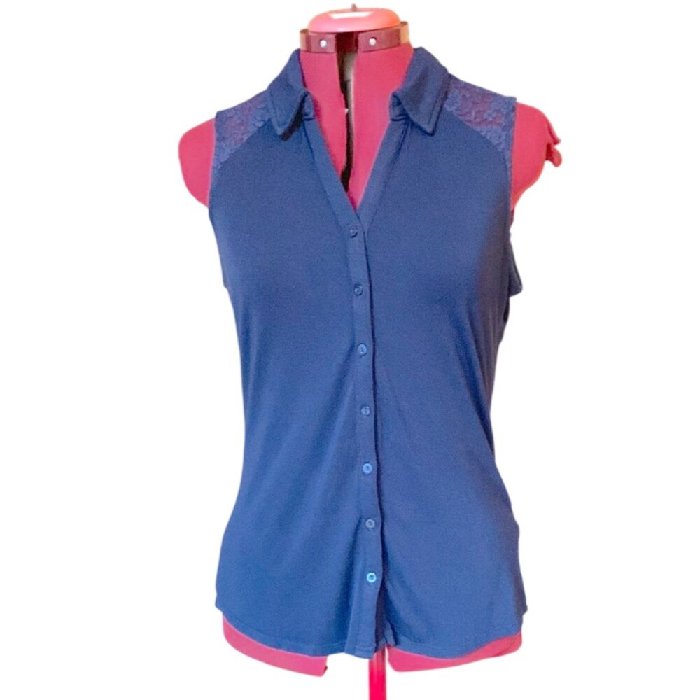 REITMANS - Navy Sleeveless button Down Top with lace details - Small